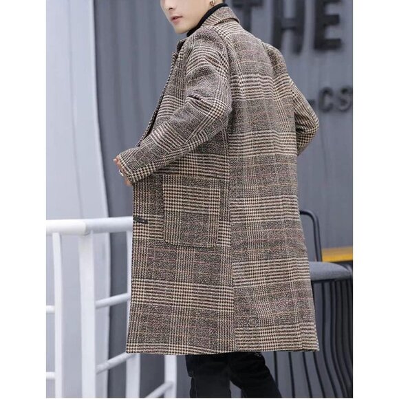 Men's Khaki Wool Blend Pea Coat Notched Collar Single Breasted Overcoat - Picture 8 of 8